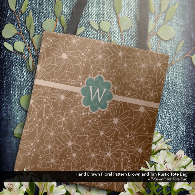 Country Blume handgezeichnetes Muster braune Rusti (Tote Bag: Rustic Hand Drawn Floral Pattern in Brown and Tan with Distressed Forest Green Monogram.)