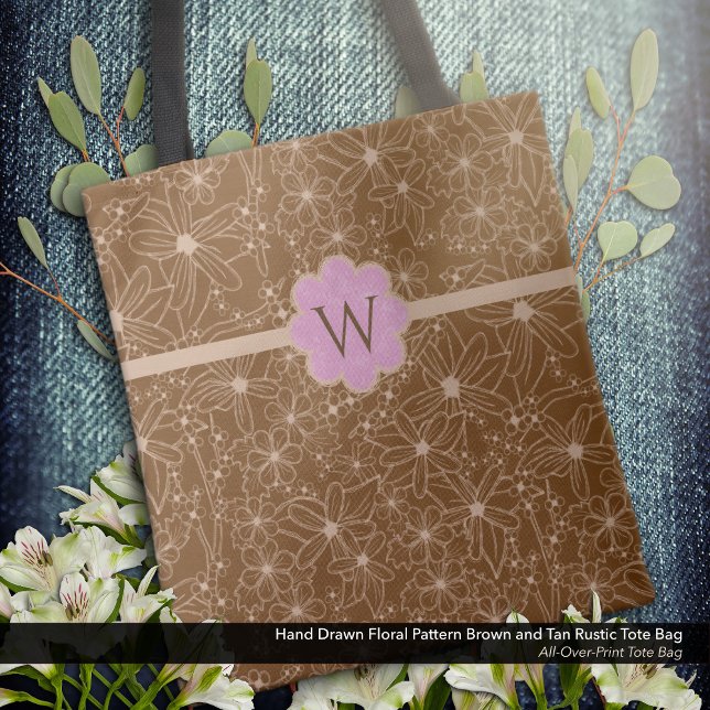 Country Blume handgezeichnetes Muster braune Rusti (Tote Bag: Rustic Hand Drawn Floral Pattern in Brown and Tan with a Distressed Soft Pink Monogram.)