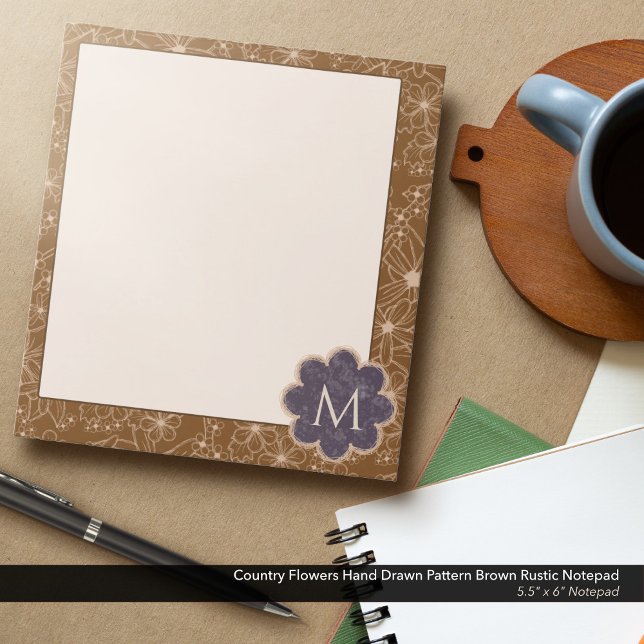 Country Blume handgezeichnetes Muster braune Rusti Notizblock (Country Flowers Hand Drawn Rustic Pattern in Brown: 5.5"x6" Notepad with Dark Purple Monogram)