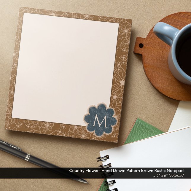Country Blume handgezeichnetes Muster braune Rusti Notizblock (Country Flowers Hand Drawn Rustic Pattern in Brown: 5.5"x6" Notepad with Navy Blue Monogram)