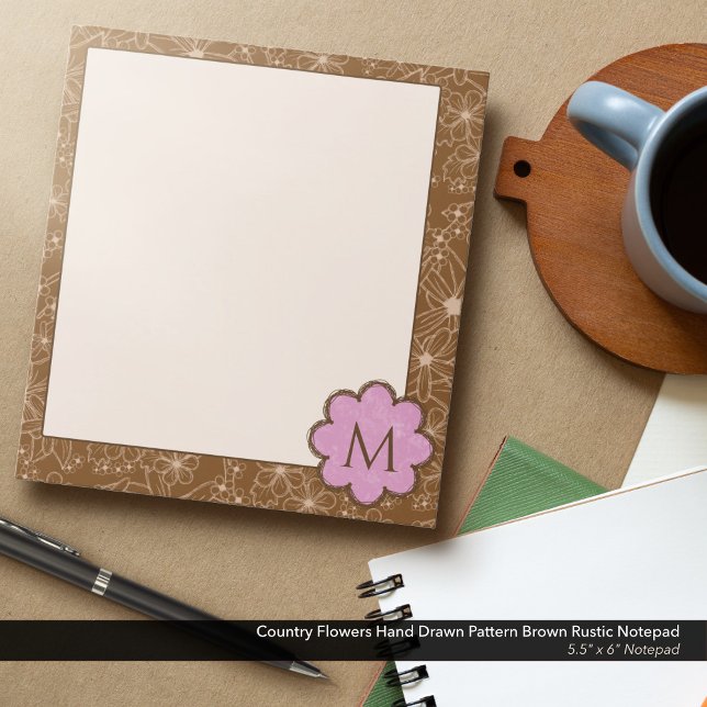 Country Blume handgezeichnetes Muster braune Rusti Notizblock (Country Flowers Hand Drawn Rustic Pattern in Brown: 5.5"x6" Notepad with Soft Pink Monogram)