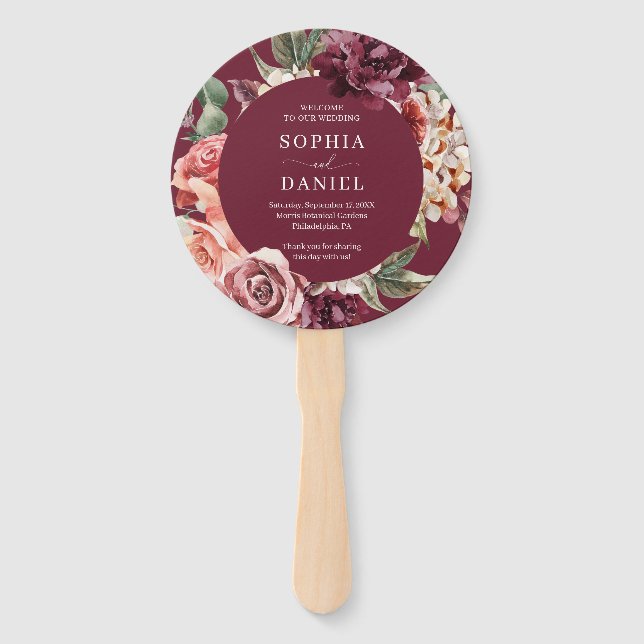 Country Boho Rose Round Gold Wedding Program Fan Fächer (Vorderseite)