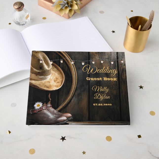 Country Boots Hat, Barn Wood Wedding Gästebuch (Vorderseite Offen)