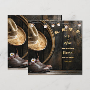 Country Boots Hat & Barnwood Wedding RSVP Card Einladung