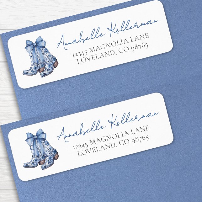 Country Bow Cowboy Boots Rücksendeadresse (Country Blue Bow Cowboy Return Address label)
