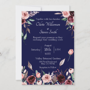 Country Burgundy Blush and Navy Romantic Wedding Einladung