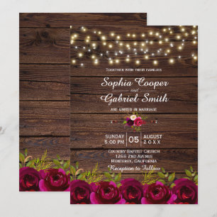 Country Burgundy floral String Lights Wood Wedding Einladung