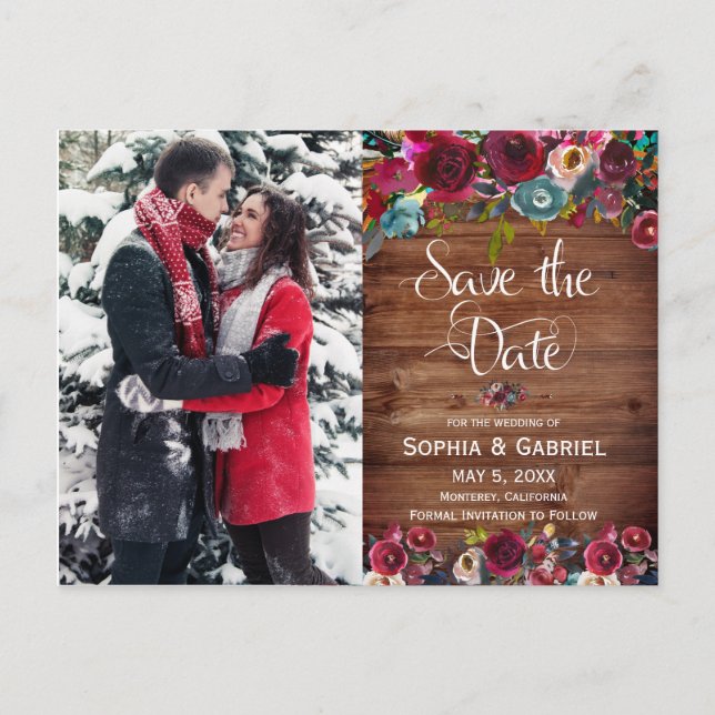 Country Burgundy Red Floral Save the Date Foto Ankündigungspostkarte (Vorderseite)