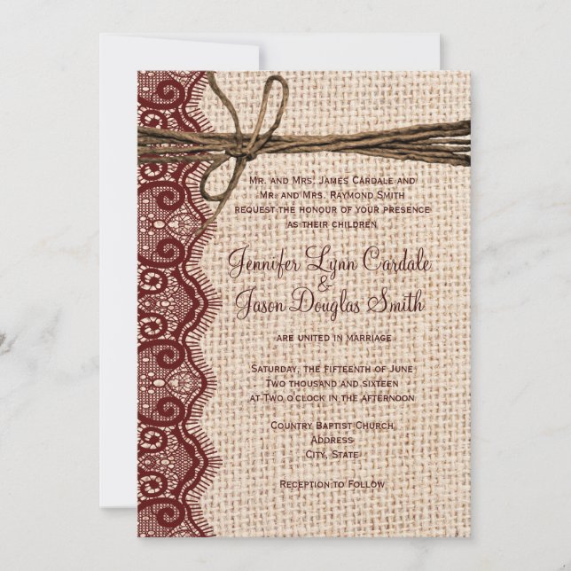 Country Burlap Maroon Lace Twine Hochzeit Einladun Einladung (Vorderseite)