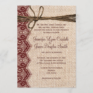 Country Burlap Maroon Lace Twine Hochzeit Einladun Einladung