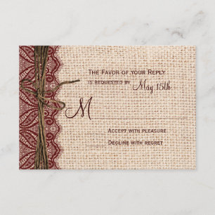 Country Burlap Maroon Red Lace Twine Wedding RSVP Karte