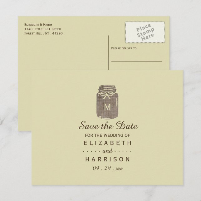 Country Burlap Mason Jar Wedding Ankündigungspostkarte (Vorne/Hinten)
