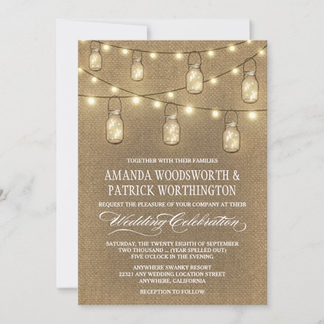 Country Burlap Mason Jar Wedding Einladungen (Vorderseite)
