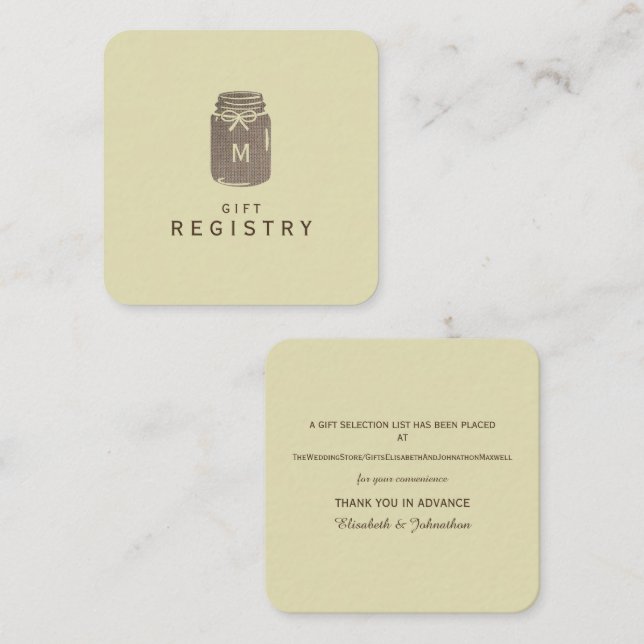 Country Burlap Mason Jar Wedding Gift Registry Begleitkarte (Vorne/Hinten)