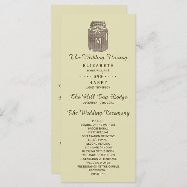 Country Burlap Mason Jar Wedding Programm (Vorne/Hinten)