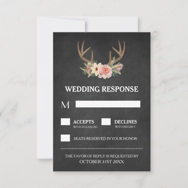 Country Chalkboard Deer Antler Wedding RSVP Cards Karte (Vorderseite)