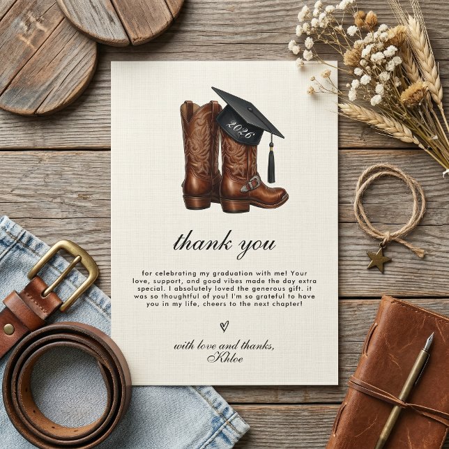 Country Chic Cowgirl Boots and Cap Graduation Dankeskarte (Country Chic Graduation Thank You Card)