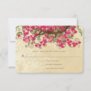 Country Chic Pink Cherry Blossom Wedding RSVP Karte
