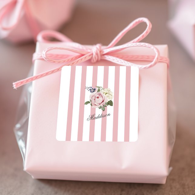 Country Chic Rosa Streifen Rose Bouquet Mit Monogr Quadratischer Aufkleber (Von Creator hochgeladen)