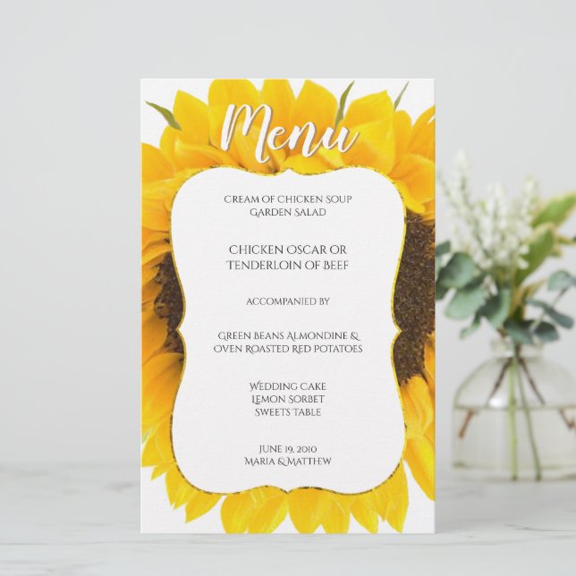 Country Chic Sunflower Wedding Menü (Stehend Vorderseite)