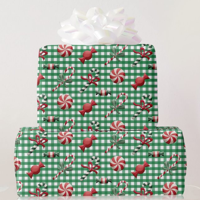 Country Christmas Candy Green Gingham Geschenk Geschenkpapier (Von Creator hochgeladen)