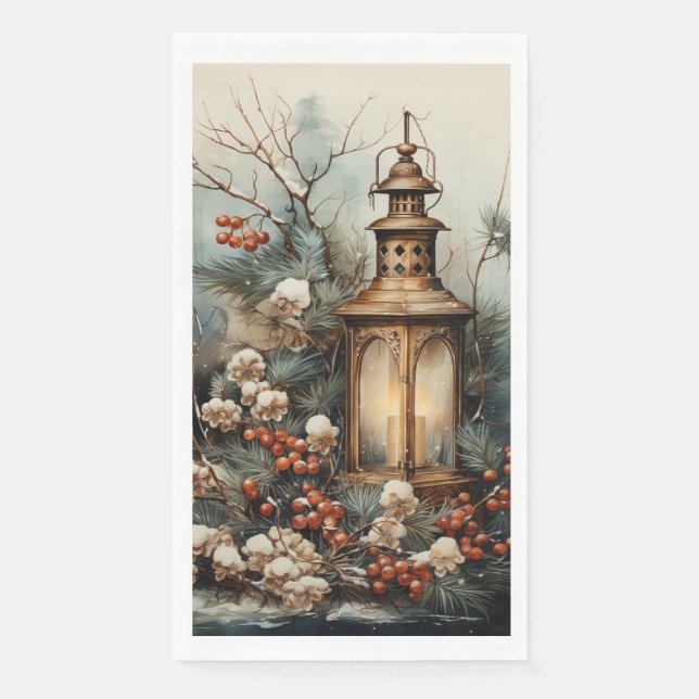 Country Christmas Lantern Pine Branches Red Berriy Serviette (Vorderseite)