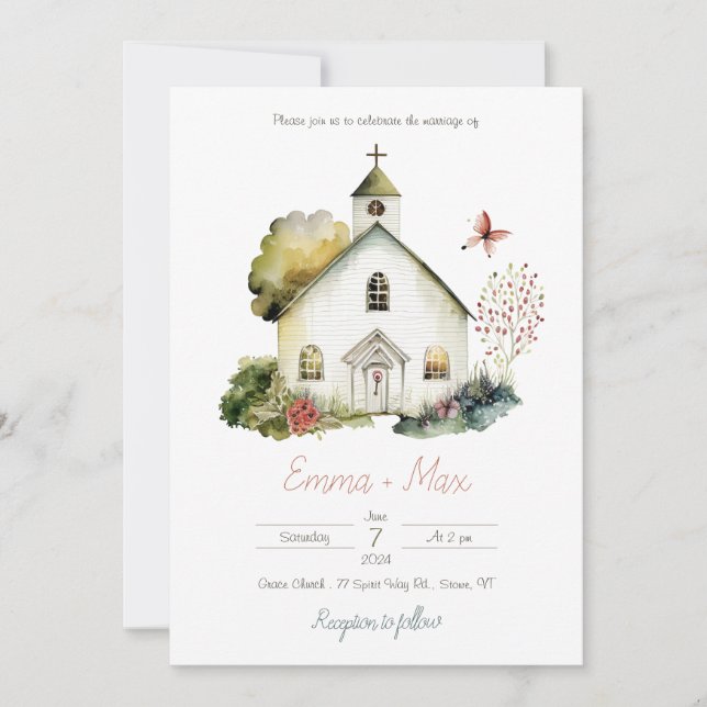 Country Church Watercolor Hochzeit Einladung (Vorderseite)