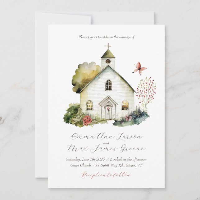 Country Church Watercolor Hochzeit Einladung (Vorderseite)