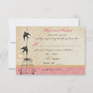 Country Coral Damask Bird Cage Wedding RSVP