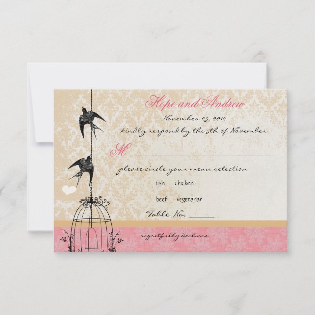 Country Coral Damask Bird Cage Wedding RSVP Karte (Vorderseite)