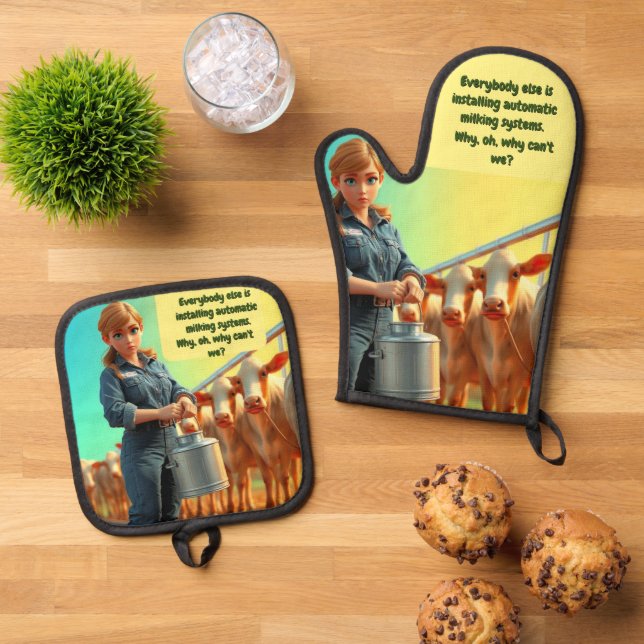 Country Cosy Milking Oven Mitt and Pot Holder Set (Oben Unten)