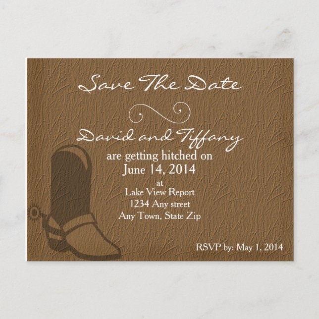 Country Cowboy Boots Wedding Save the Date Cards Ankündigungspostkarte (Vorderseite)