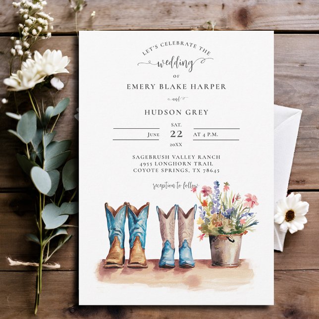 Country Cowboy Boots Wildblumen Rustikale Hochzeit Einladung (country wedding invitation rustic western barn chic modern watercolor cowboy boots wildflowers)