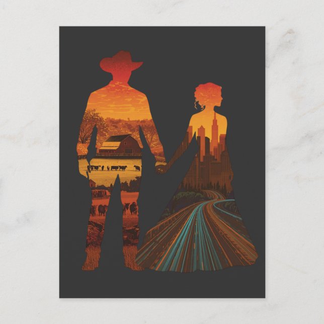 Country Cowboy & City Girl Silhouette Postkarte (Vorderseite)