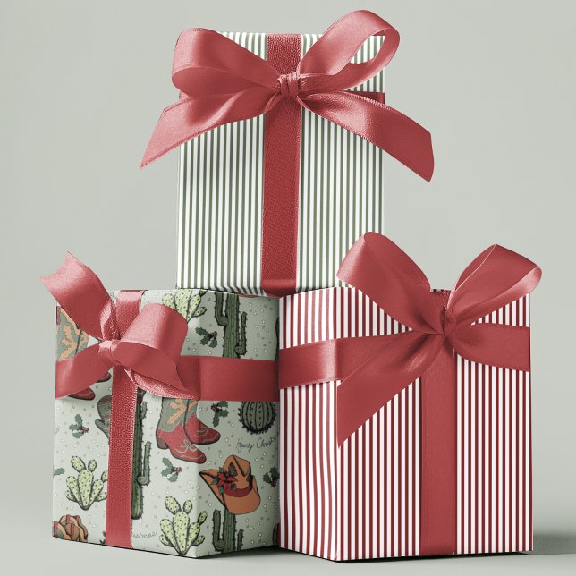 Country Cowboy Howdy Weihnachten Geschenkpapier Set (Howdy Christmas Wrapping Paper. Cowboy Boots, Cacti, Cowboy Hats, Holly Berries, Stars and Stripes.)