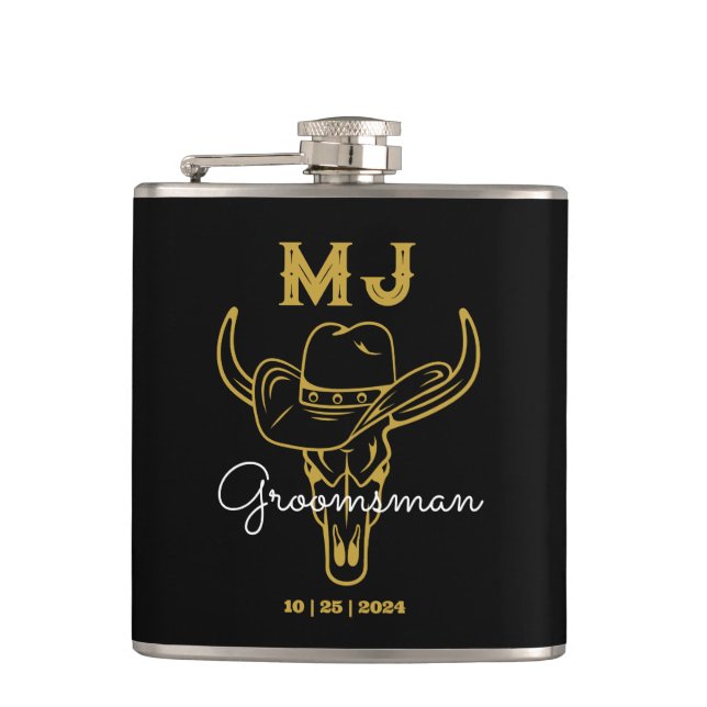 Country Cowboy Personalisierte Trauzeugen Monogram Flachmann (Vorderseite)