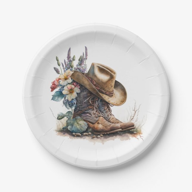 Country Cowgirl Boots Flower Hat Texas Pappteller (Vorderseite)