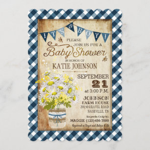 Country Daisies Gingham Karo Boy Baby Dusche Einladung