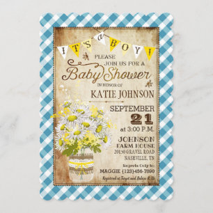 Country Daisies Gingham Karo Boy Baby Shower Einladung