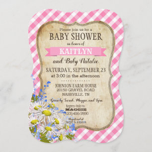 Country Daisies Pink Gingham Karo Baby Dusche Einladung