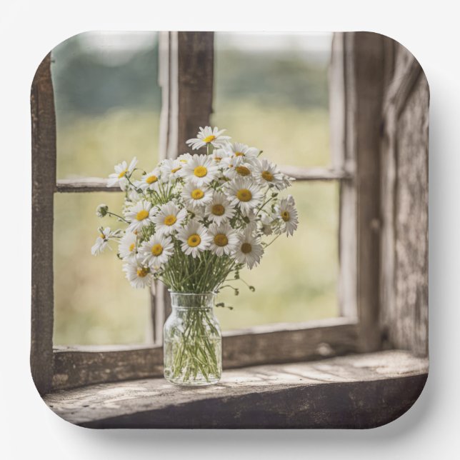 Country Daisy Bouquet im Fenster Pappteller (Vorderseite)