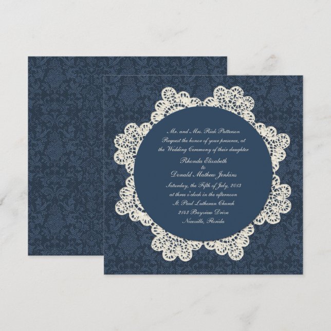 Country Denim Damask & Ivory Lace Wedding Einladung (Vorne/Hinten)