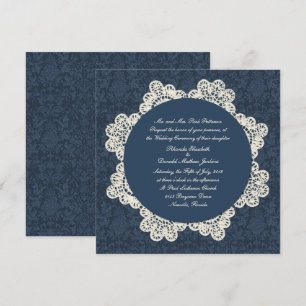 Country Denim Damask & Ivory Lace Wedding Einladung