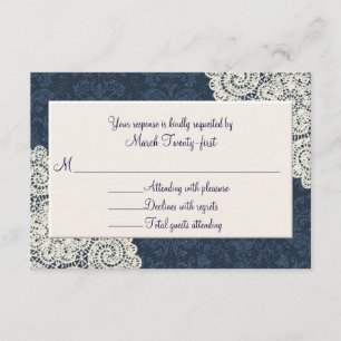 Country Denim Damask & Ivory Wedding RSVP Card Karte