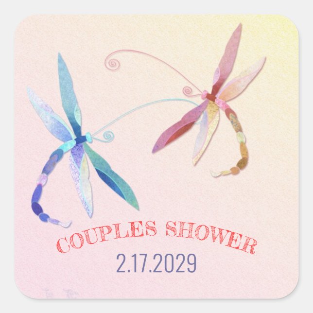 Country Dragonfly Wedding Couples Dusche Quadratischer Aufkleber (Vorderseite)