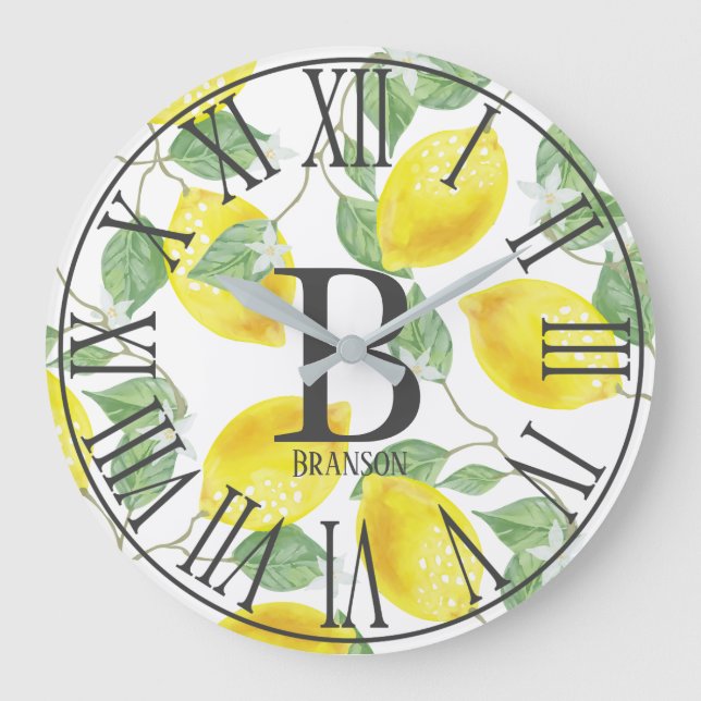 Country Elegante Wasserfarben Lemons Monogramm Große Wanduhr (Vorderseite)