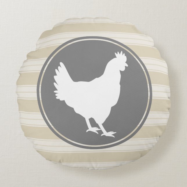 Country Farm Creamy Tan White Hen Silhouette Rundes Kissen (Vorderseite)