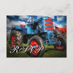 Country Farm Traktor Blue Wedding RSVP Cards Karte