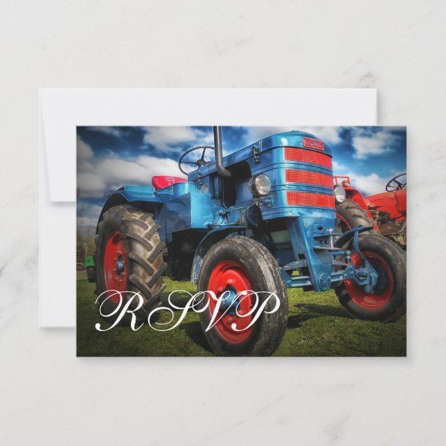 Country Farm Traktor Blue Wedding RSVP Cards Karte (Vorderseite)
