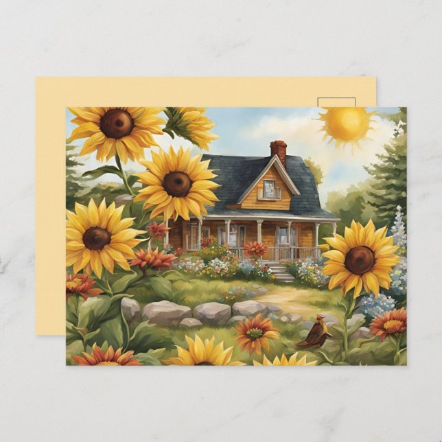 Country Farmhouse Dreamy Golden Sonnenblumen Postkarte (Vorne/Hinten)